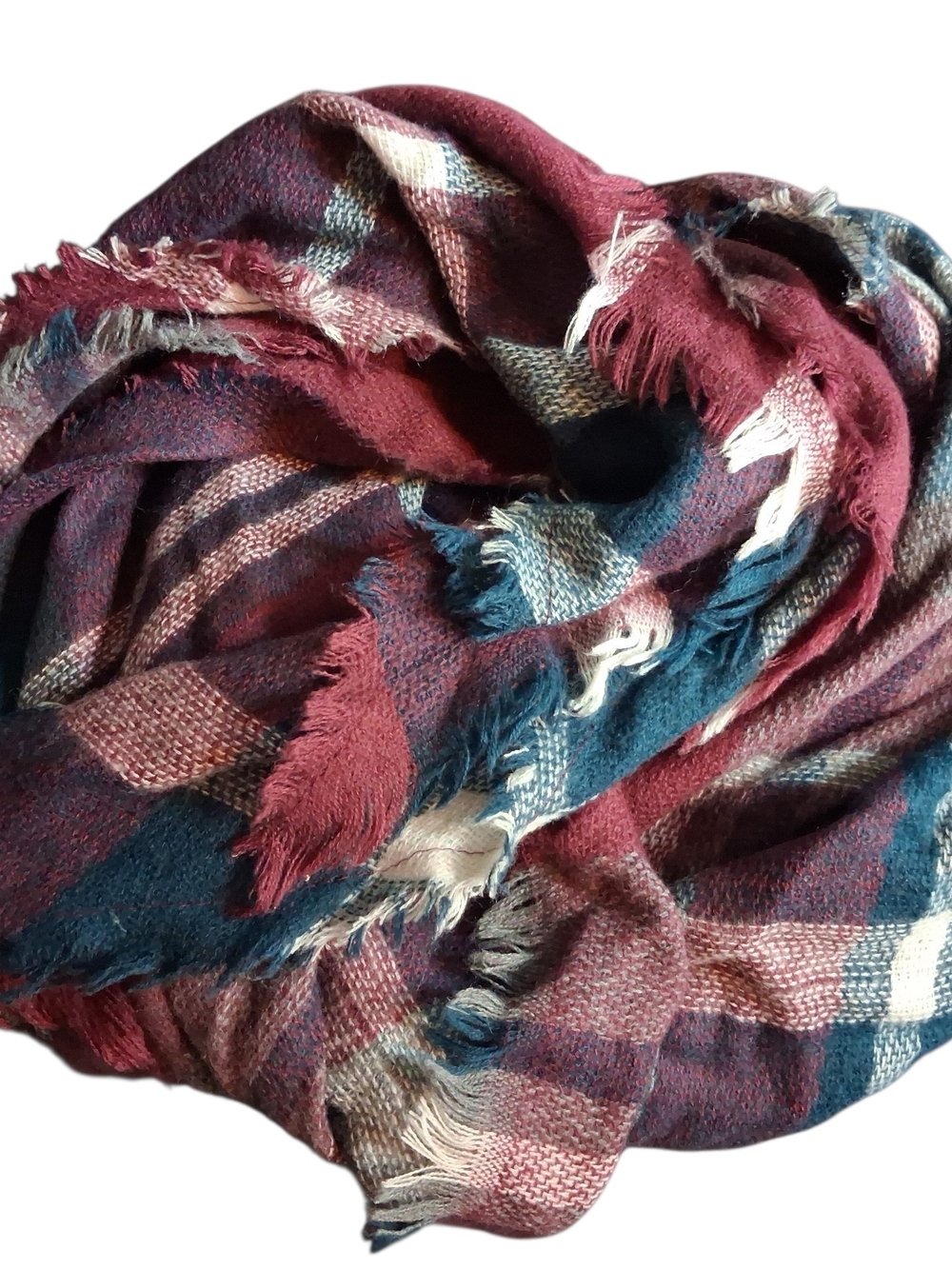 Cozy Plaid Fringe Blanket Triangle Scarf in Burgundy, Navy & Cream